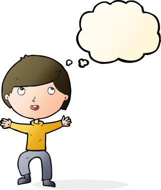 Bir insan tarafından çizilmiş düşünce balonu olan mutlu çocuk çizgi filmi.