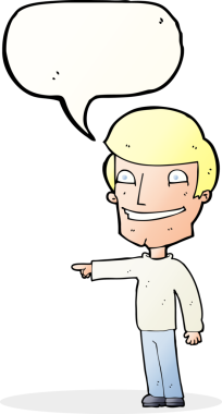 Bir insan tarafından çizilmiş konuşma balonuyla işaret eden mutlu adam çizgi filmi.