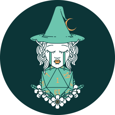 Ağlayan Elf cadısı ikonu. Bir insan tarafından çizilmiş doğal bir D20 rulosu.