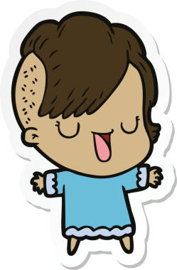 Hipster saç kesimi bir insan tarafından çizilmiş şirin bir çizgi film kızına ait etiket.