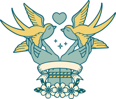 Geleneksel dövme, bağlı eller ve bir insan tarafından çizilmiş kırlangıçlar.