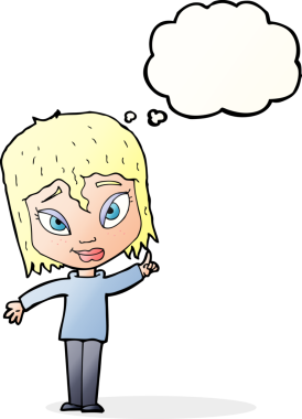 Bir insan tarafından çizilmiş düşünce baloncuğu fikri olan karikatür kadın.