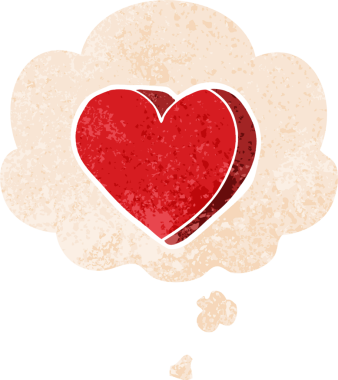 Düşünce baloncuklu karikatür aşk kalbi bir insan tarafından çizilmiş dertli retro stil