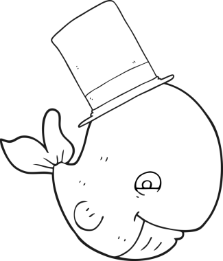 Bir insan tarafından çizilmiş silindir şapkalı siyah beyaz bir balina.