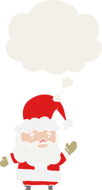 Düşünce baloncuğu olan karikatür noel baba insan tarafından çizilmiş.