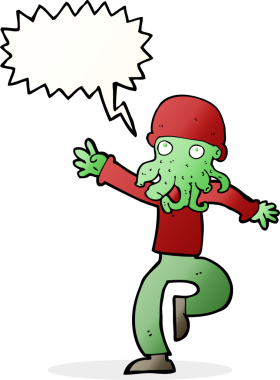 Bir insan tarafından çizilmiş konuşma balonlu uzaylı yaratık adam.