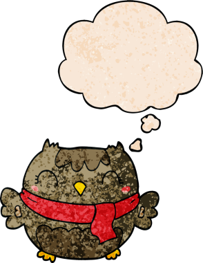 Bir insan tarafından çizilmiş grunge doku tarzında düşünce baloncuğu olan sevimli çizgi film baykuşu.