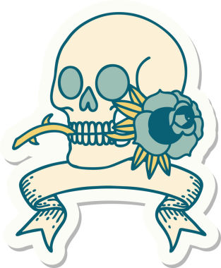 Bir insan tarafından çizilmiş kafatası ve gül şeklinde dövme stili.