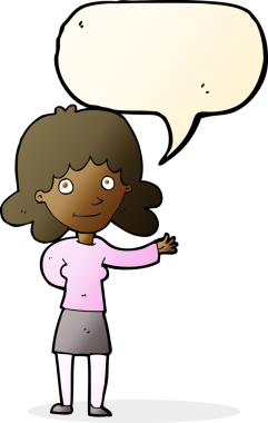 Bir insan tarafından çizilmiş konuşma balonu olan karikatür dostu bir kadın.