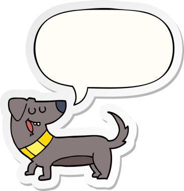 Bir insan tarafından çizilmiş konuşma balonu çıkartmalı çizgi film köpeği.