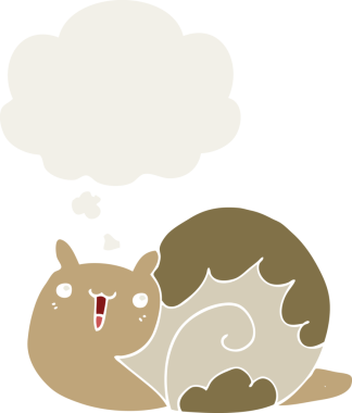 Düşünce baloncuğu insan tarafından çizilmiş sevimli çizgi film salyangozu.