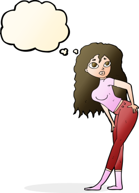 Bir insan tarafından çizilen düşünce baloncuğuna şaşırmış gibi görünen çekici bir kadın.