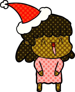 Bir insan tarafından çizilmiş Noel Baba şapkası giyen bir kadının el çizimi çizgi roman tarzı çizimi.