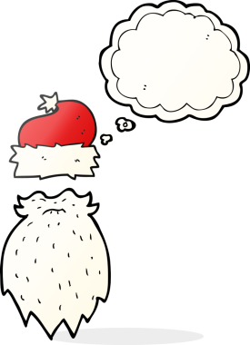 El yazısıyla çizilmiş düşünce balonu karikatürü Noel Baba şapkası ve bir insan tarafından çizilmiş sakal.