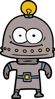 Bir insan tarafından çizilmiş ampullü mutlu karton robot.