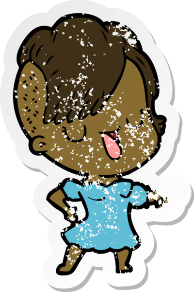 Hipster saç kesimi bir insan tarafından çizilmiş tatlı bir çizgi film kızına ait sıkıntılı bir etiket.