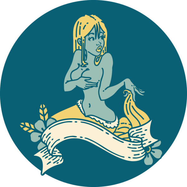 Geleneksel stil dövme. Bir insan tarafından çizilmiş sancaklı bir deniz kızı.