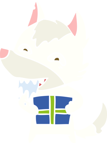 Düz renkli çizgi film aç kurt bir insan tarafından çizilmiş Noel hediyesini taşıyor.