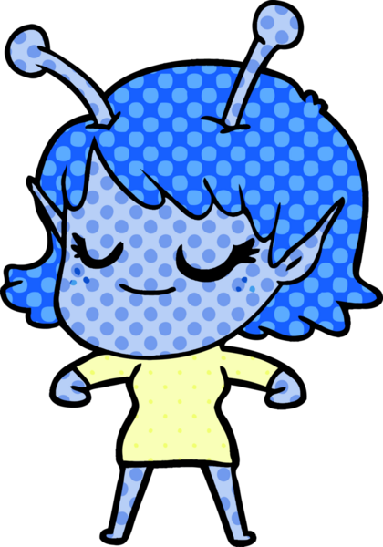 Bir insan tarafından çizilmiş gülümseyen uzaylı kız çizgi filmi.