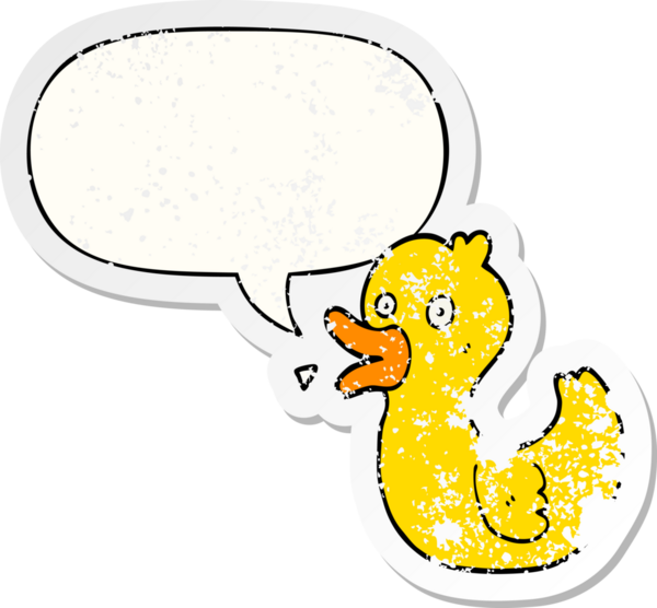 Çizgi film ördeği konuşma baloncuğuyla ördek vaklıyor. Bir insan tarafından çizilmiş sıkıntılı eski bir çıkartma.