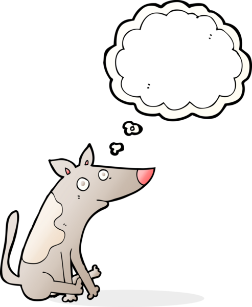 Bir insan tarafından çizilmiş düşünce baloncuklu çizgi film köpeği.