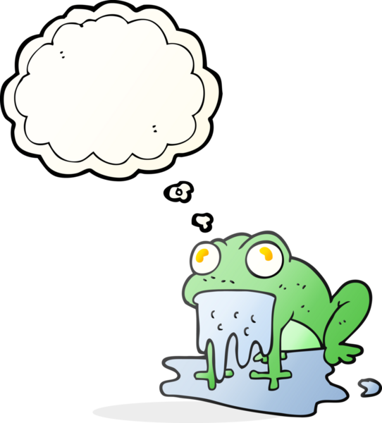 Düşünce baloncuğu karikatürü. Bir insan tarafından çizilmiş iğrenç küçük kurbağa.