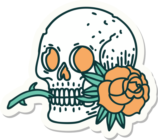 Geleneksel kafatası stili dövme çıkartması ve bir insan tarafından çizilmiş gül.