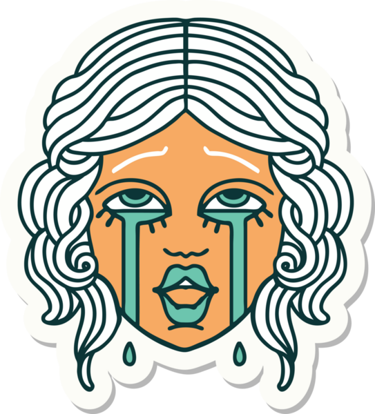 Geleneksel stil dövme çıkartması. Bir insan tarafından çizilmiş çok mutlu, ağlayan bir kadın yüzü.