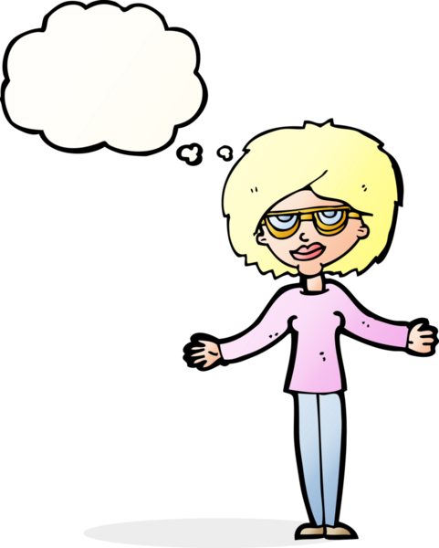 Bir insan tarafından çizilmiş düşünce balonlu gözlük takan çizgi film kadını.