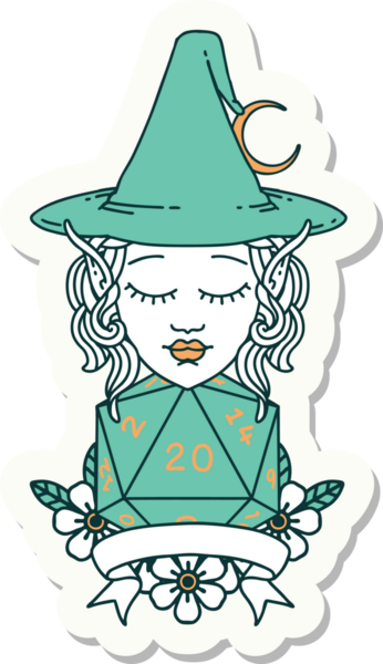 Bir insan tarafından çizilmiş doğal yirmi zarlı elf büyücü karakterinin çıkartması.