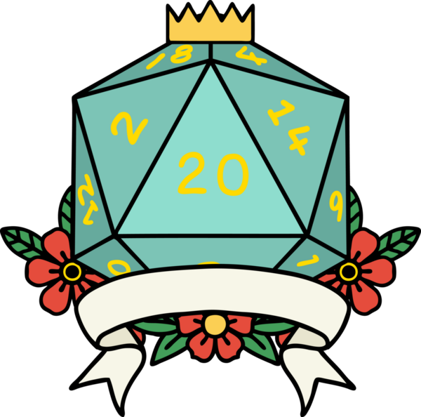 Retro Dövme Biçimi Doğal 20 kritik vuruş D20 zar bir insan tarafından çizildi