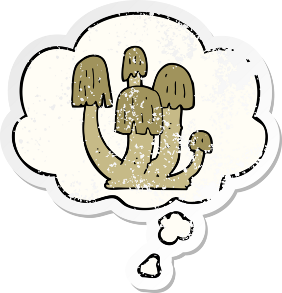 Düşünce baloncuklu mantarlar insan tarafından çizilmiş yıpranmış bir çıkartma.