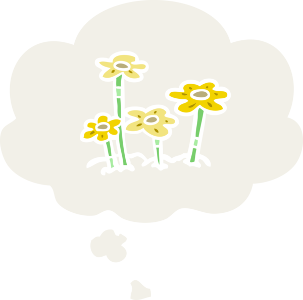 Düşünce baloncuğu olan karikatür çiçekleri insan tarafından çizilmiş.