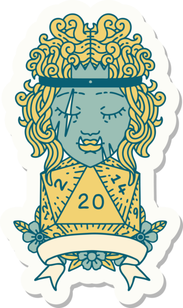 Bir insan tarafından çizilmiş doğal 20 zarlı yarı ork barbar bir karakterin çıkartması.