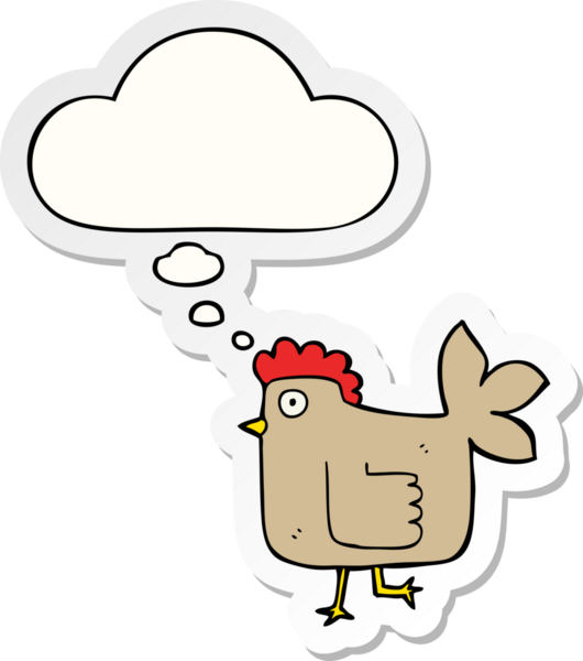 Düşünce baloncuklu çizgi film tavuğu insan tarafından çizilmiş bir çıkartma gibi.