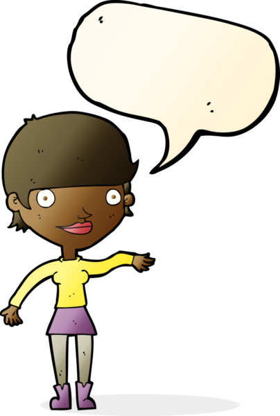 Bir insan tarafından çizilmiş konuşma balonlu mutlu kadın çizgi filmi.