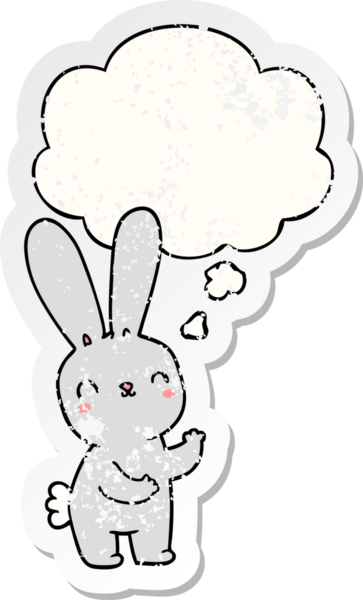 Düşünce baloncuğu olan sevimli çizgi film tavşanı bir insan tarafından çizilmiş yıpranmış bir çıkartma.
