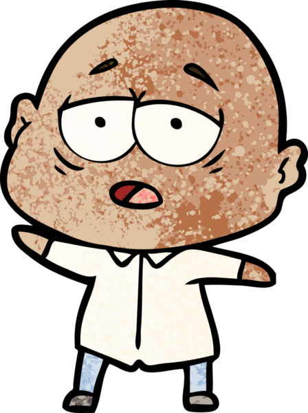 Bir insan tarafından çizilmiş yorgun, kel bir adam.