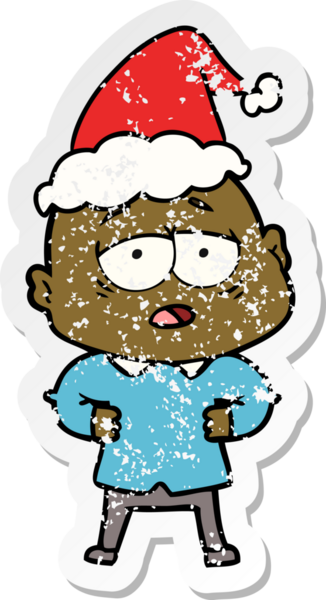 Bir insan tarafından çizilmiş Noel Baba şapkası giymiş yorgun ve kel bir adamın çizilmiş el yazısı.