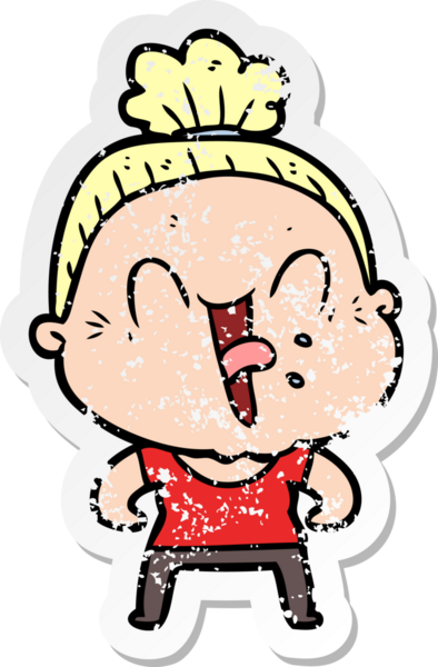 Bir insan tarafından çizilmiş mutlu, yaşlı bir kadının sıkıntılı çıkartması.