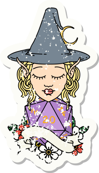 Bir insan tarafından çizilmiş doğal yirmi zarlı elf büyücü karakterinin grunge sticker 'ı.