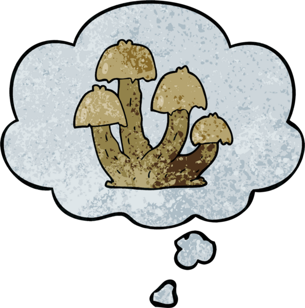 Bir insan tarafından çizilmiş grunge desenli düşünce baloncuklu mantarlar.