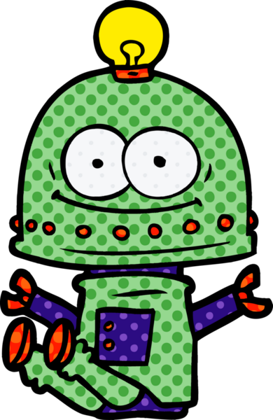 Bir insan tarafından çizilmiş ampullü mutlu karton robot.