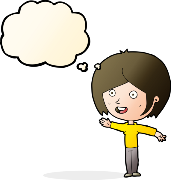 Bir insan tarafından çizilmiş düşünce baloncuğuyla el sallayan mutlu bir kız.