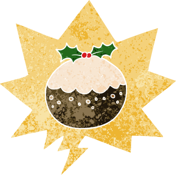 bir insan tarafından çizilmiş, grunge dertli retro stili ile konuşma baloncuklu noel pudingi.