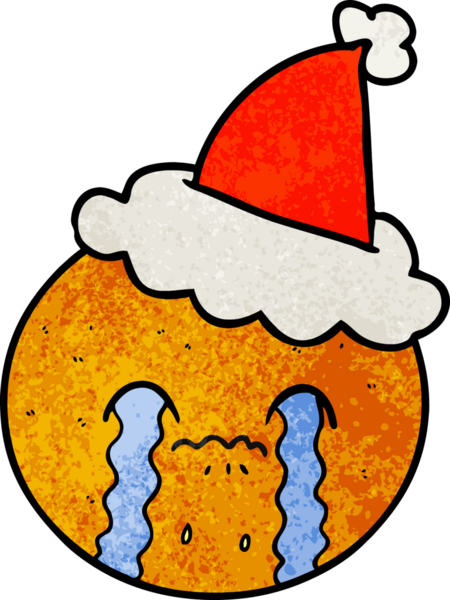 Bir insan tarafından çizilmiş portakal desenli Noel Baba şapkası giyen bir karikatür.