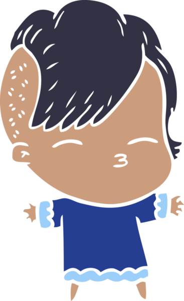 Düz renkli çizgi film çizen kız bir insan tarafından çizilmiş.