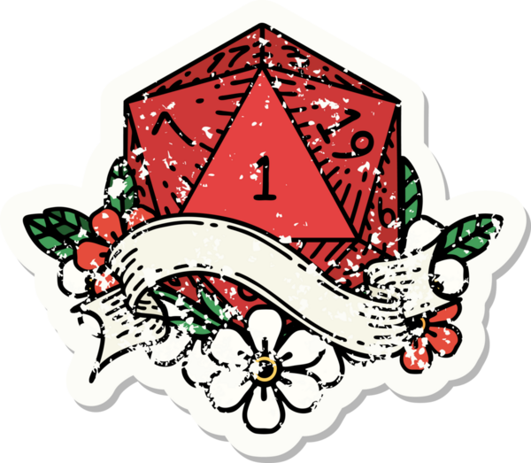 Bir insan tarafından çizilmiş doğal bir d20 zarının grunge çıkartması.