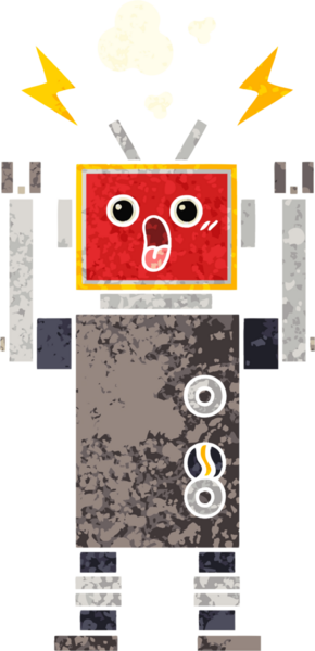 Bir insan tarafından çizilen robot arızasının retro çizim tarzı karikatürü