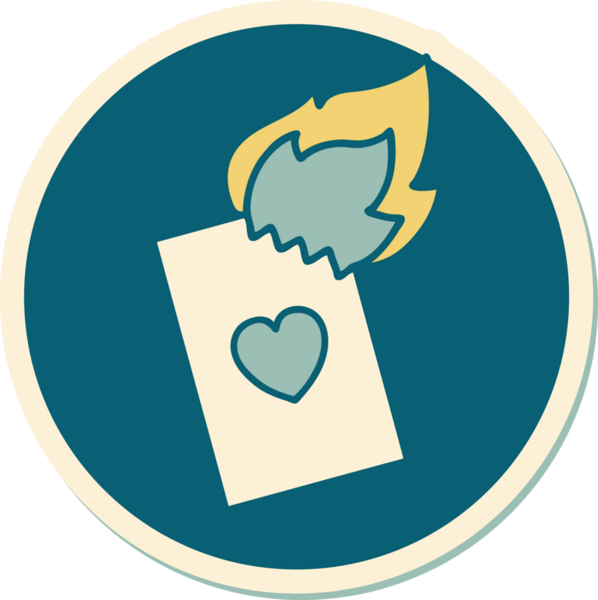 Geleneksel stil dövme çıkartması. Bir insan tarafından çizilmiş alevli kart.